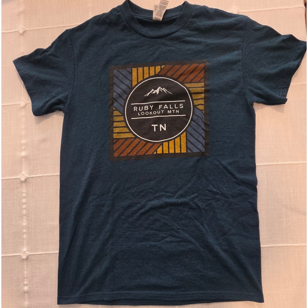 Gildan Mens Ruby Falls Lookout Mtn TN Graphic T-Shirt Teal Small Souvenir Tee